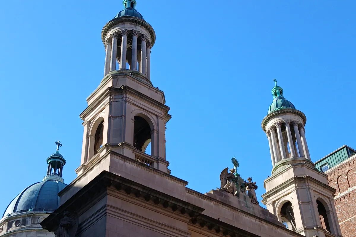 The twin bell towers of the Church of St. Jean Baptiste at Lexington Avenue and East 76th Street, a few blocks from The 74 (the neighborhood, not the building)