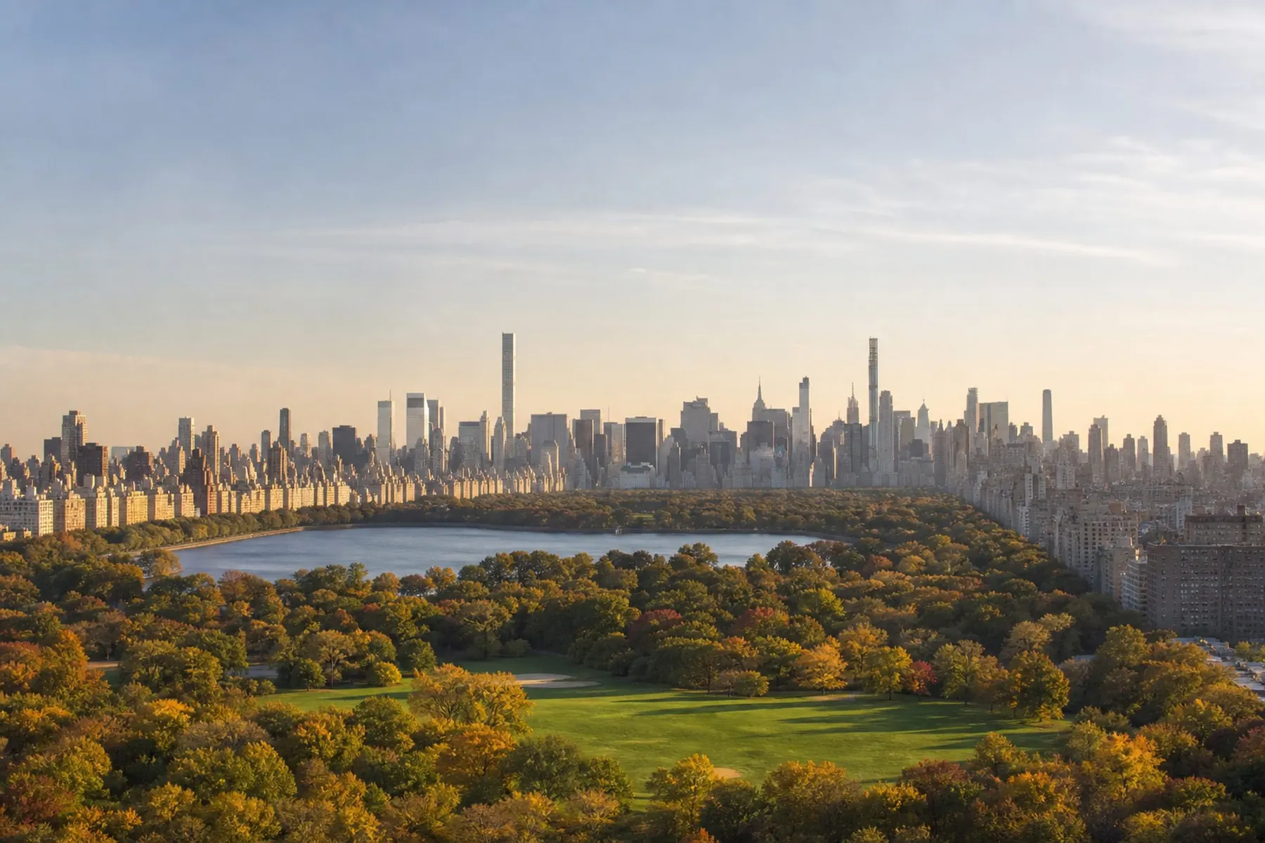 Central Park in autumn, with the Central Park South skyline beyond the treeline